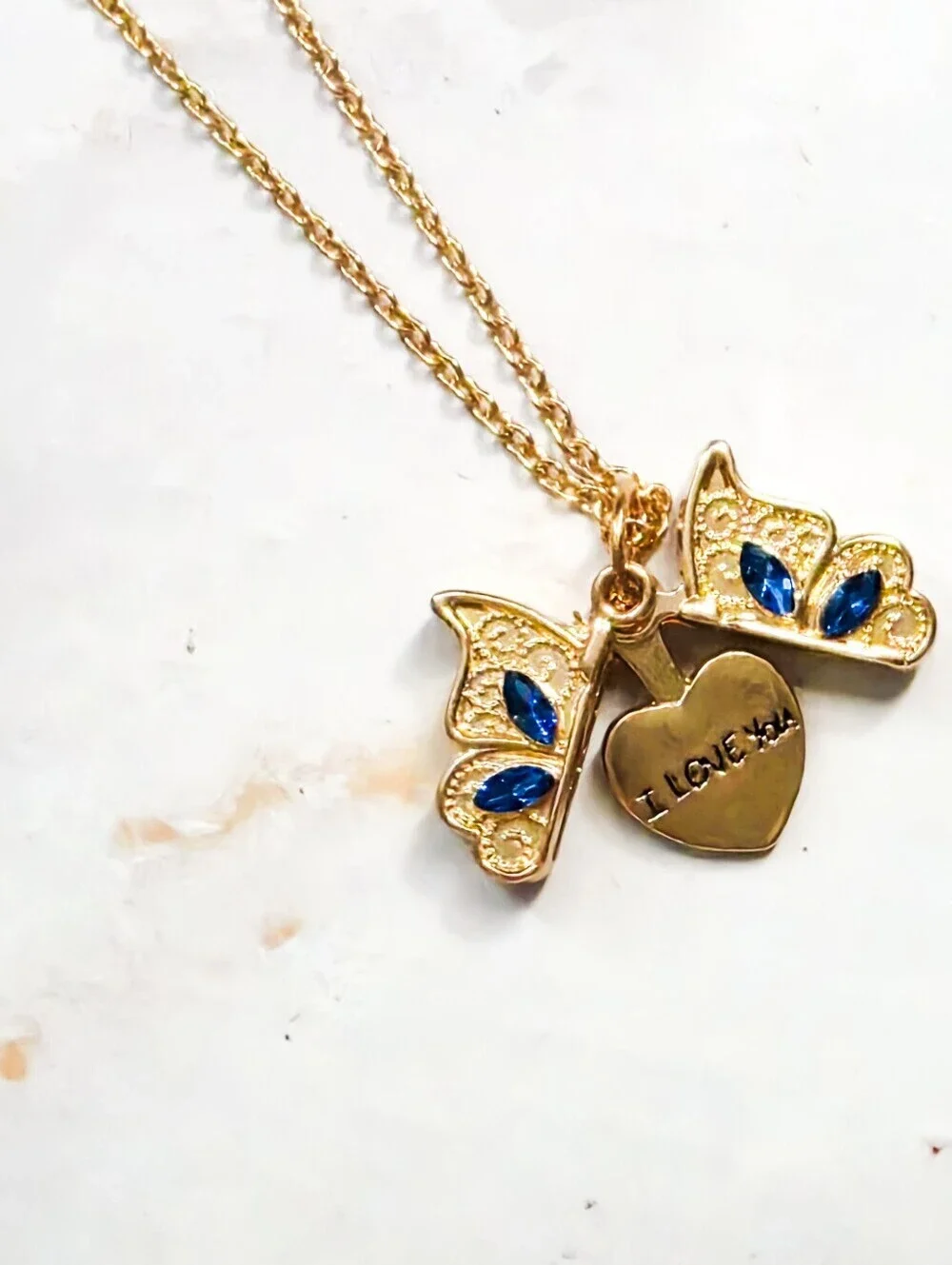 Gold Tone Butterfly Locket Necklace Romantic Hidden I Love You Message